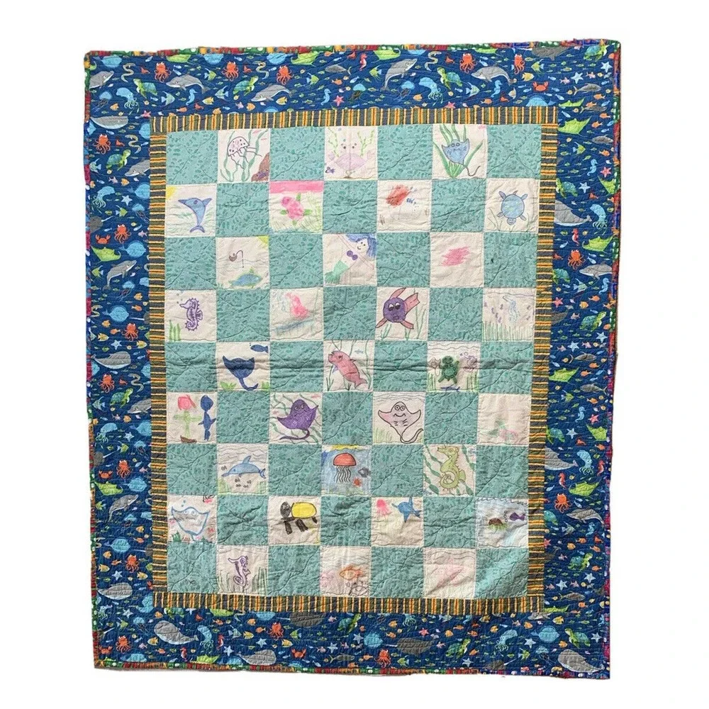 Kids Draw For Kids Ocean Life Fish Shark Turtle‎ Print Quilt Blanket 57